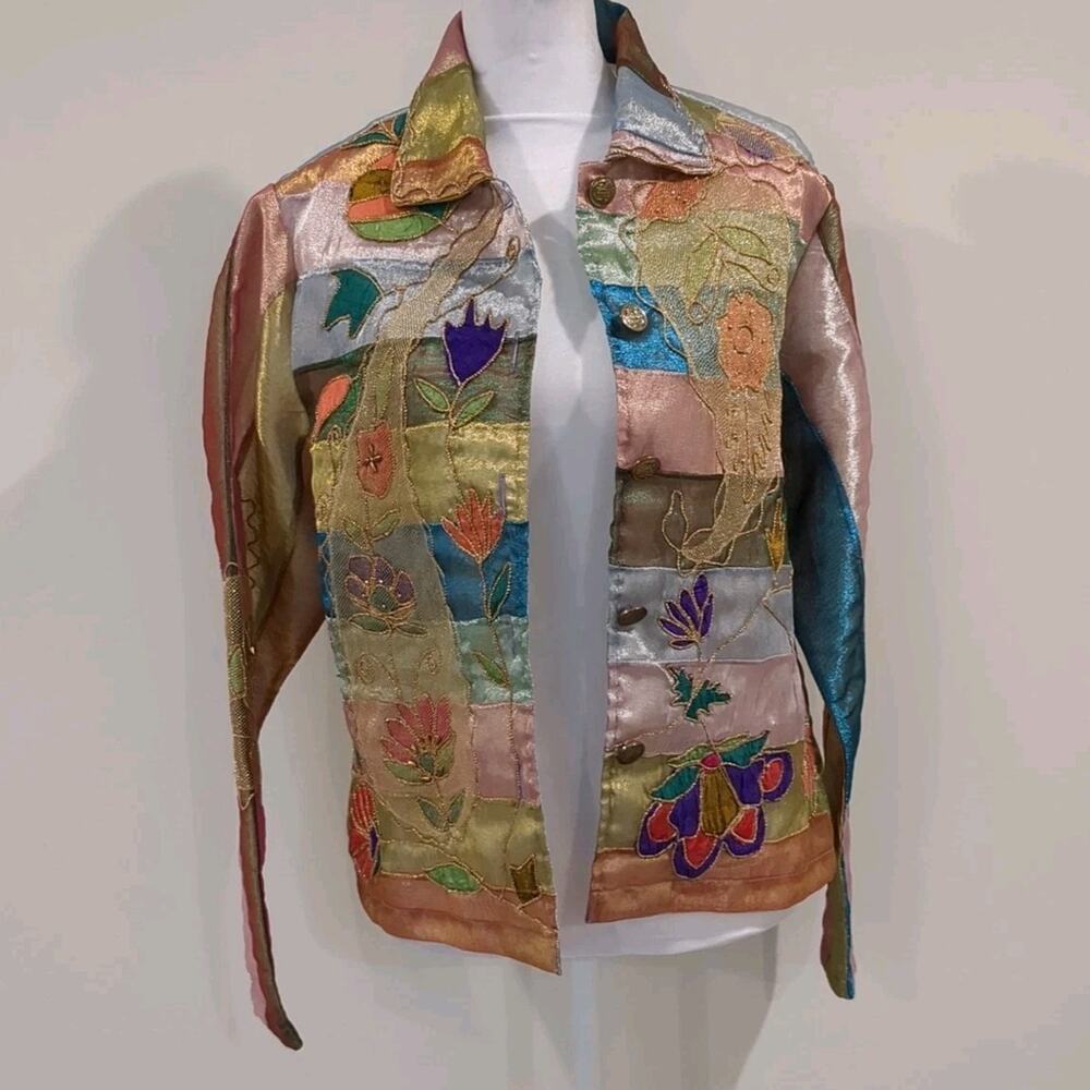 Sandy Starkman Womens S Sheer Colorful Boho Embroidered Floral Appliqué Jacket